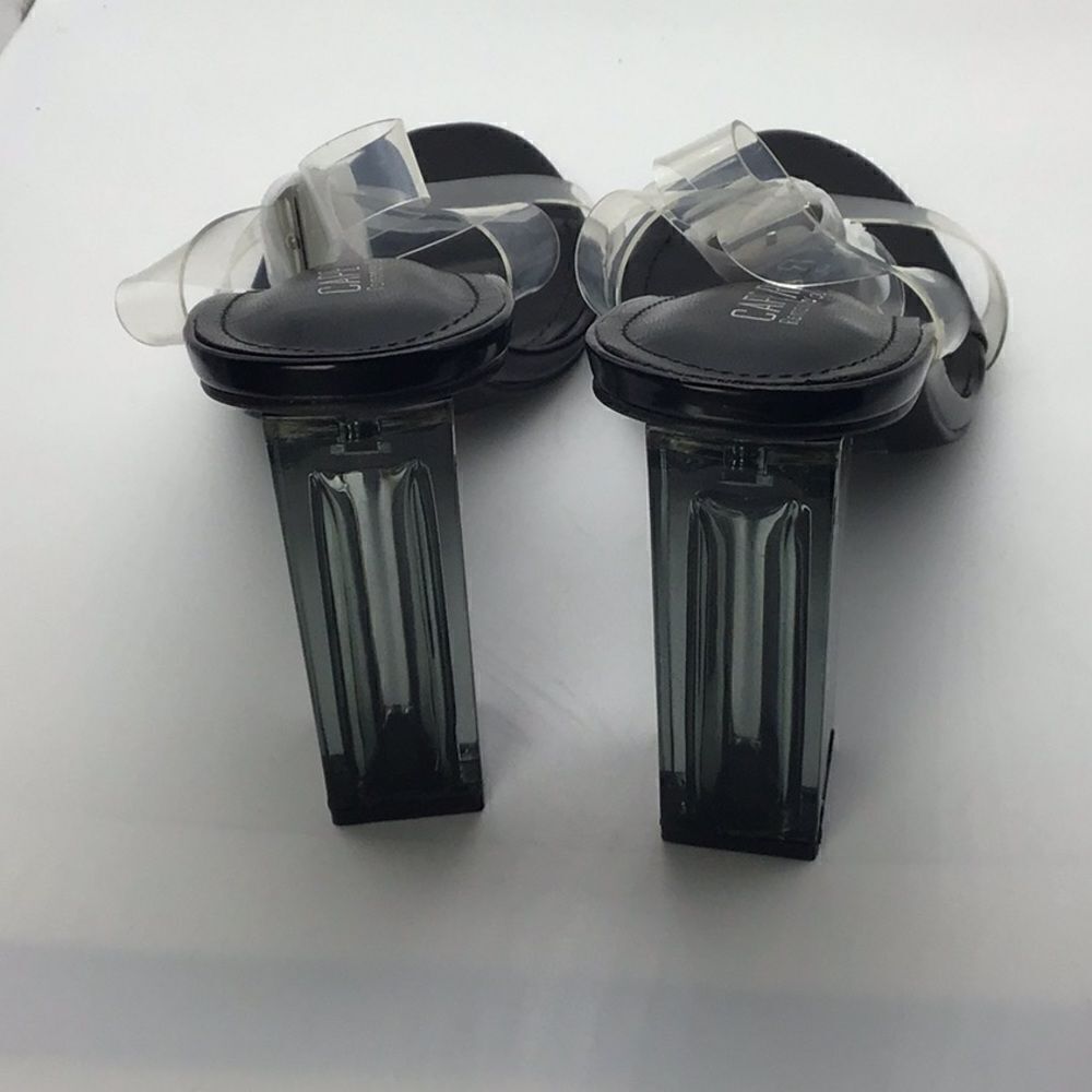 Clear Slip On Cape Robbin Heel Sz 10 Acrylic Black Lucite Ankle Strap Sandal NEW - Picture 6 of 11